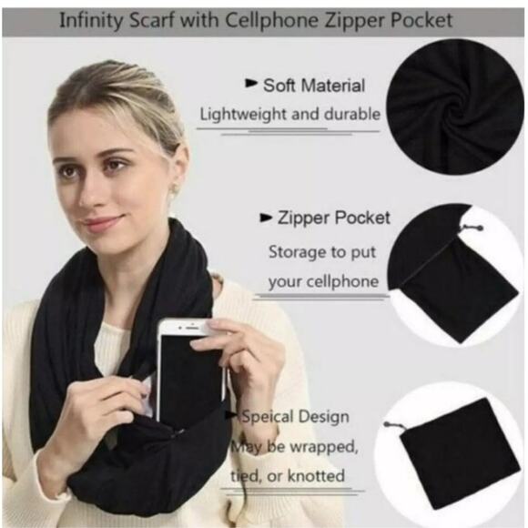 Beyond Yoga Infinity Scarf Zip Cell Phone Pocket Wrap Tie Knot Black NWOT - Picture 2 of 6
